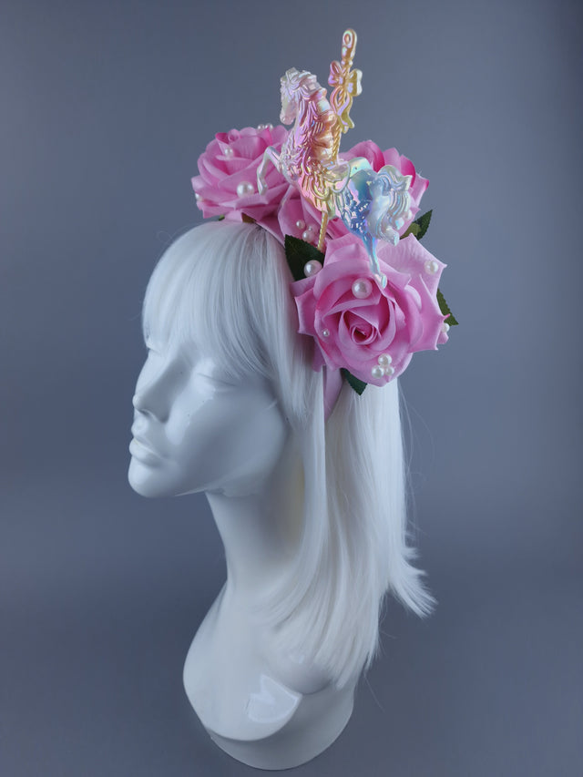 "Spin" Velvet Pink Rose, Pearls & Carousel Horse Headdress