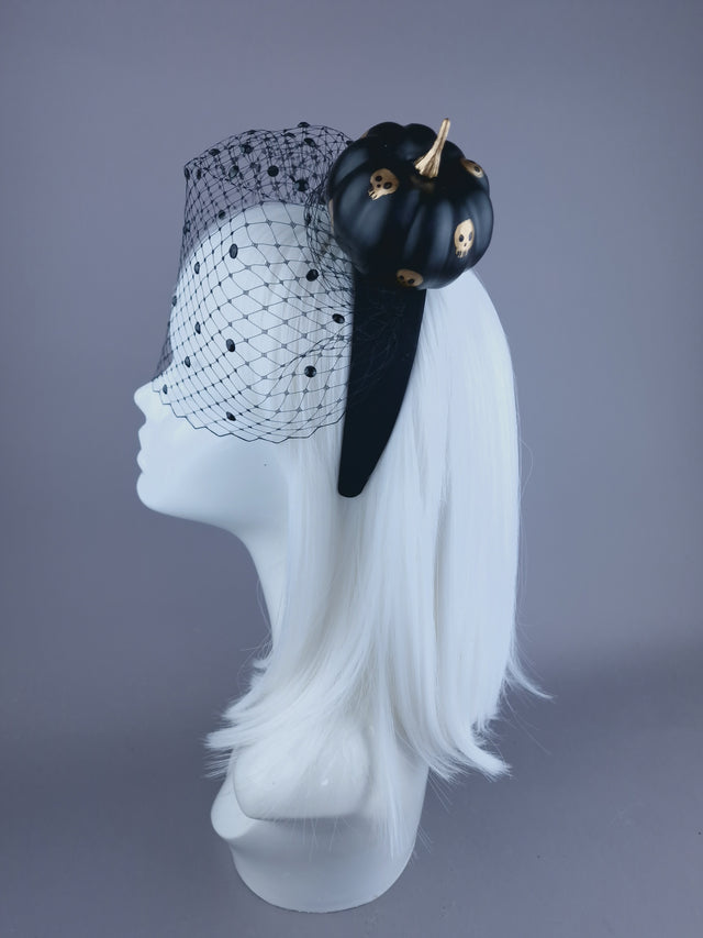 "Boo" Black & Gold Skull Pumpkin Ear Veil Headdress