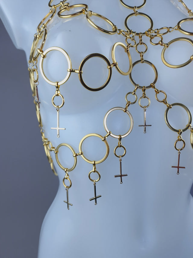 "Fiend" Gold Ring & Upside Down Crosses Jewellery Harness