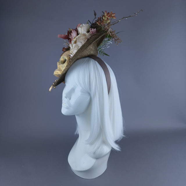 "Asura" Skull & Flower Gold & Brown Fascinator Hat