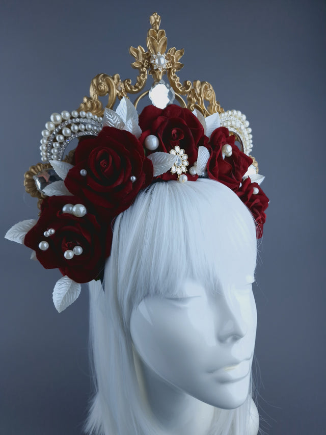 "Doryu" Red Rose, Pearls & Gold Filigree Halo Headdress