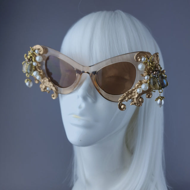 "Elytron" Gold Filigree, Beetle & Pearls Ornate Sunglasses