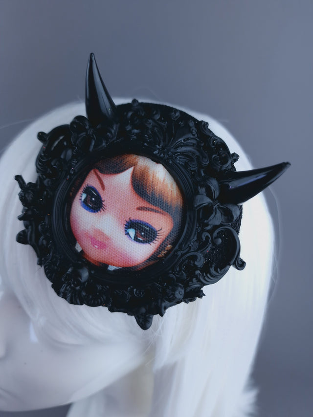 "Little Devil" Black Filigree Bradley Doll Face Mini Fascinator with Horns