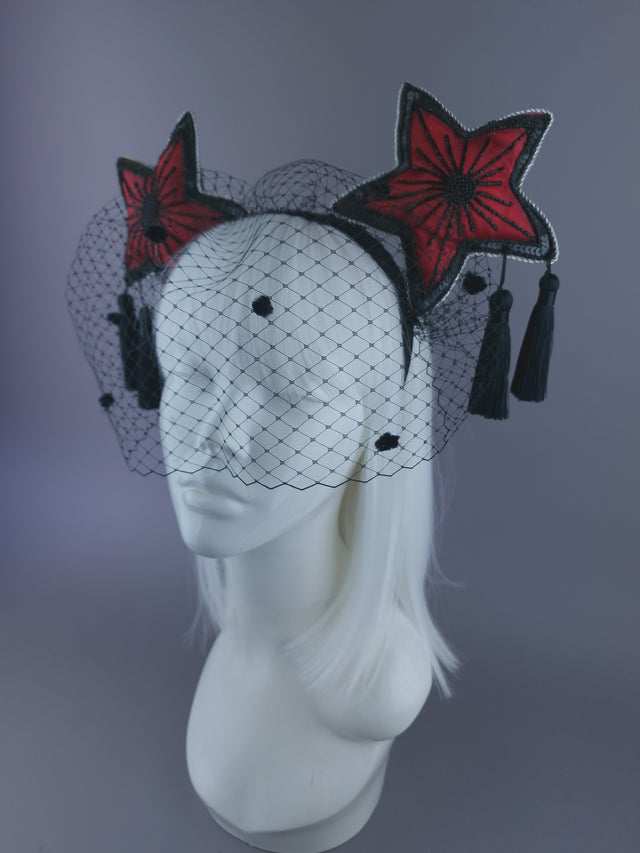 "Rubette" Red & Black Star & Tassel Veil Headdress