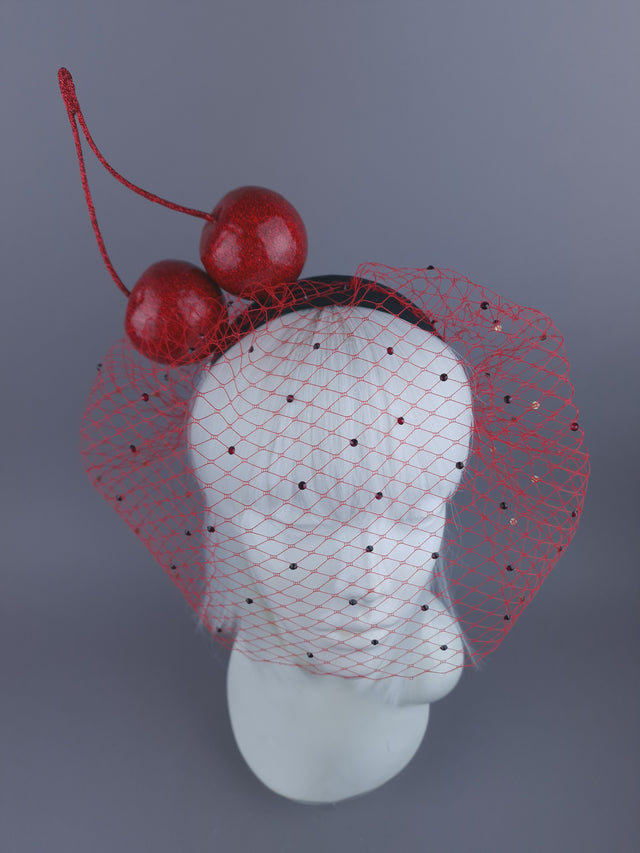"Accro Aux Cerises" Large Red Glitter Cherries Crystal Veil Headpiece