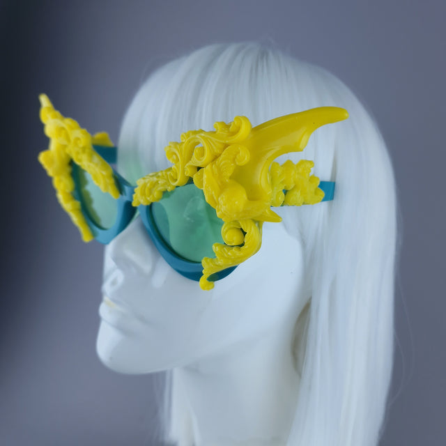 "Bathory" Teal & Yellow Filigree Ornate Bat Wing & Cherub Sunglasses