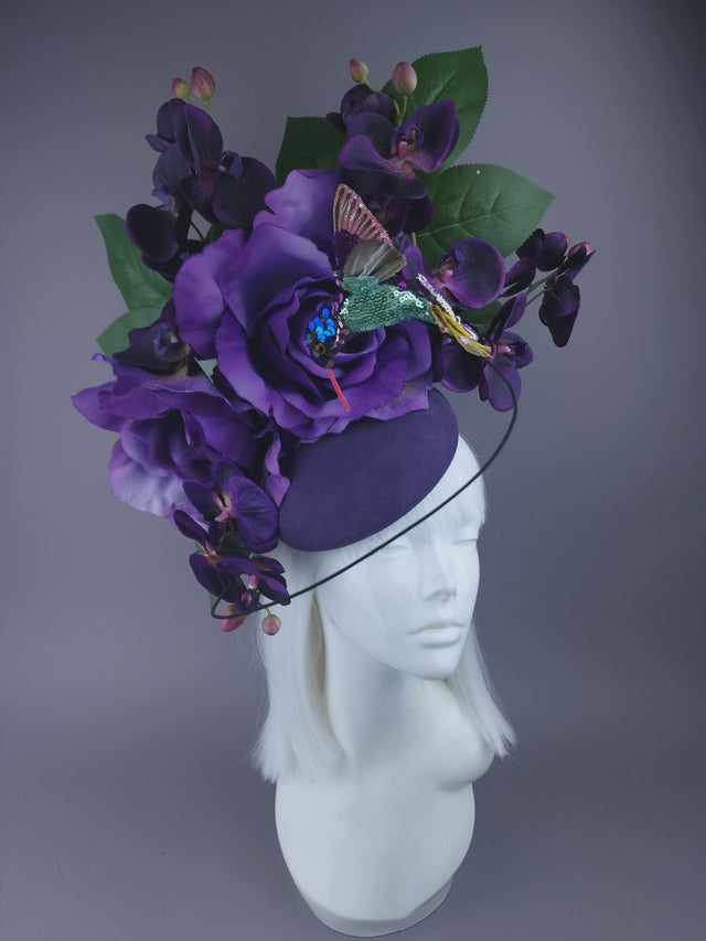 "Aasta" Purple Giant Rose & Orchid Fascinator Hat