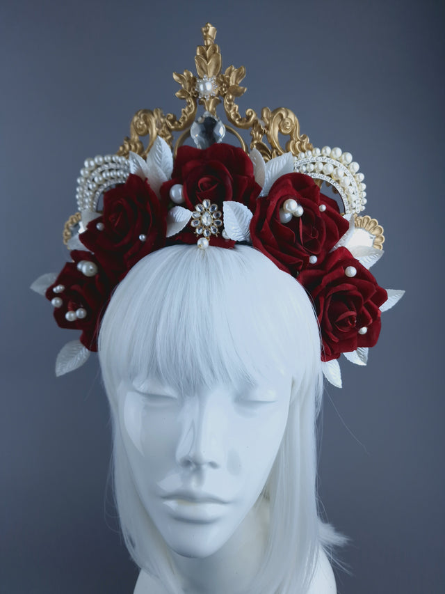 "Doryu" Red Rose, Pearls & Gold Filigree Halo Headdress