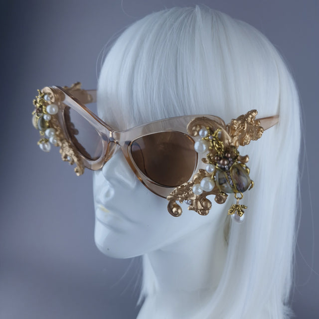 "Elytron" Gold Filigree, Beetle & Pearls Ornate Sunglasses