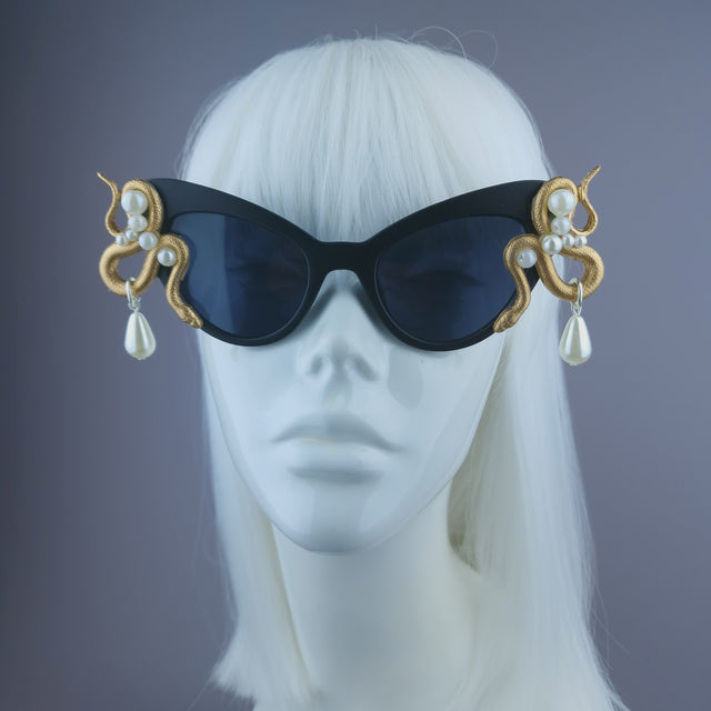 Pearls & Swine: Gold & Pearl Snake Black Sunglasses "Beguile"