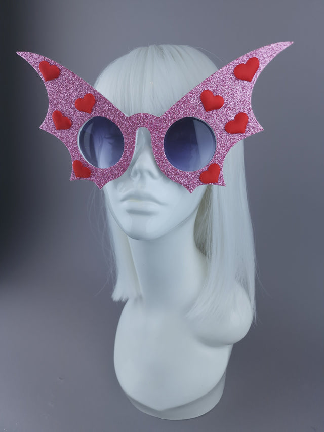 Peaeks & Swine: Pink Glitter & Red Heart Bat Wing Sunglasses "The Night Flier"