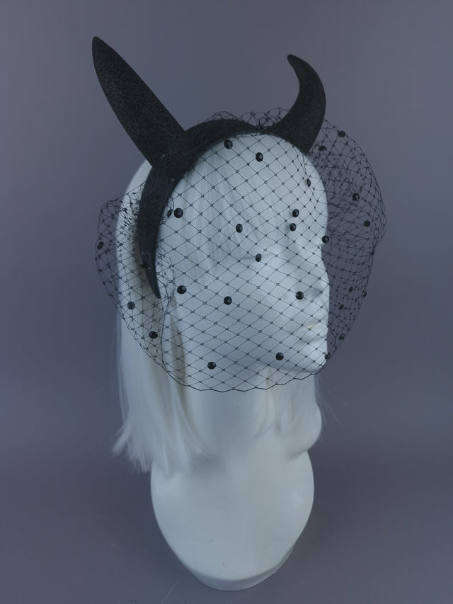 Pearls & Swine: Large Black Glitter Devil Horn Veil Headpiece "Hot Stuff"