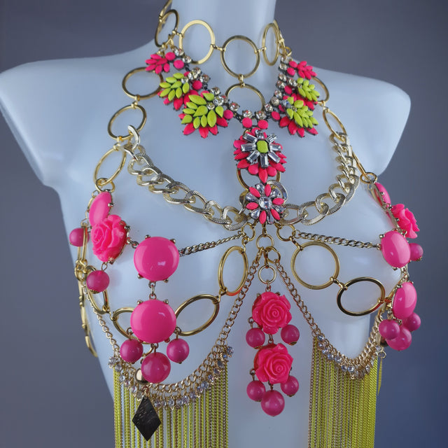 "Hermia" Neon Yellow & Pink Jewel & Chain Harness