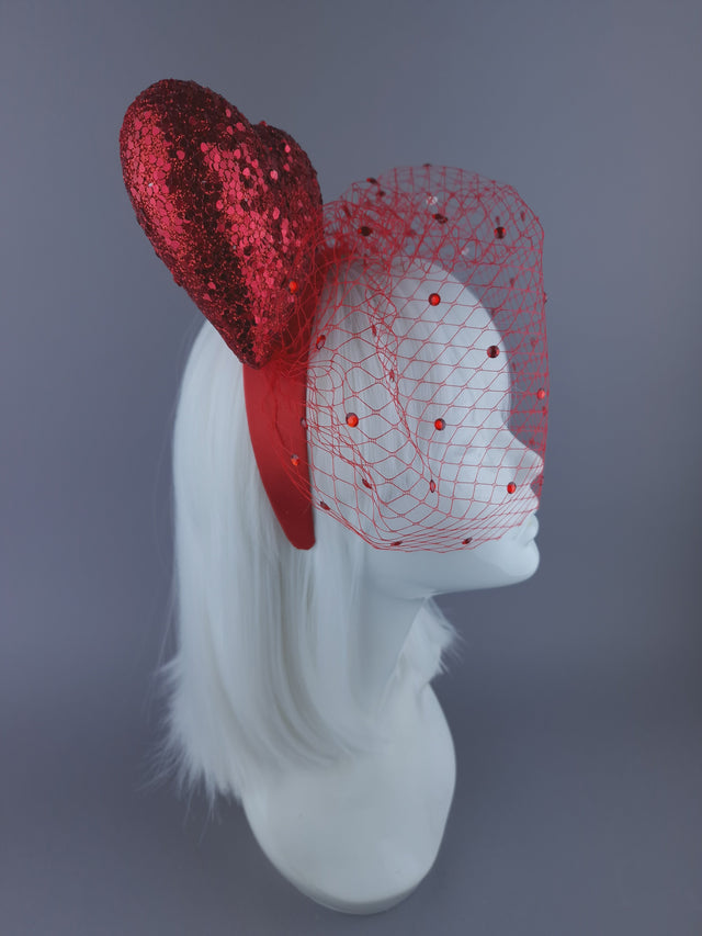 "Diletta" Red Glitter Heart Veil Headdress