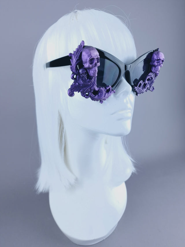 "Goth AF" Purple Black Filigree & Skulls Catseye Sunglasses