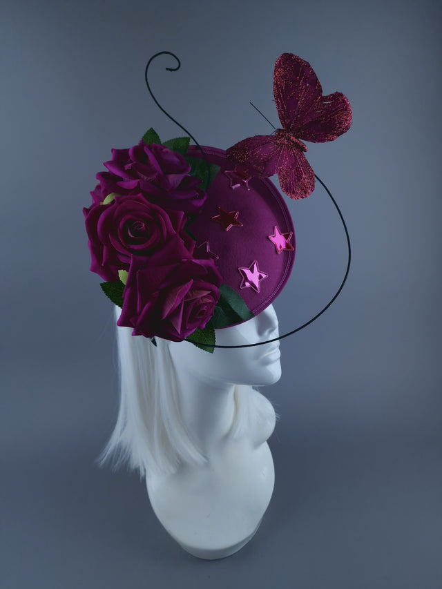 "Emily" Cerise Rose, Stars & Butterfly Fascinator Hat