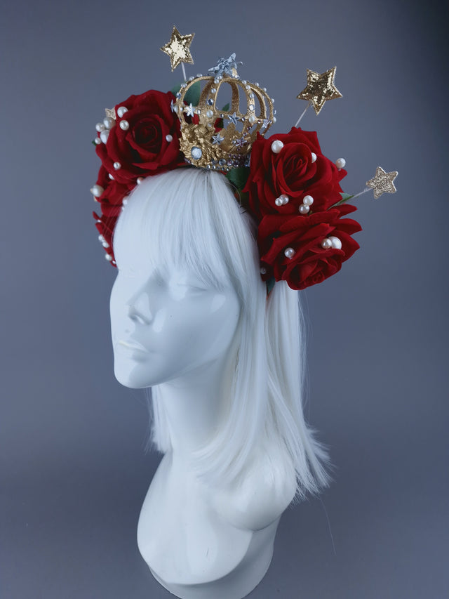 "Sanguis Christi" Red Rose, Pearls & Gold Crown Headdress