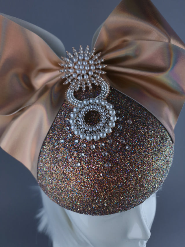 "Nova Godina" Iridescent Gold Jewel Bow Fascinator Hat