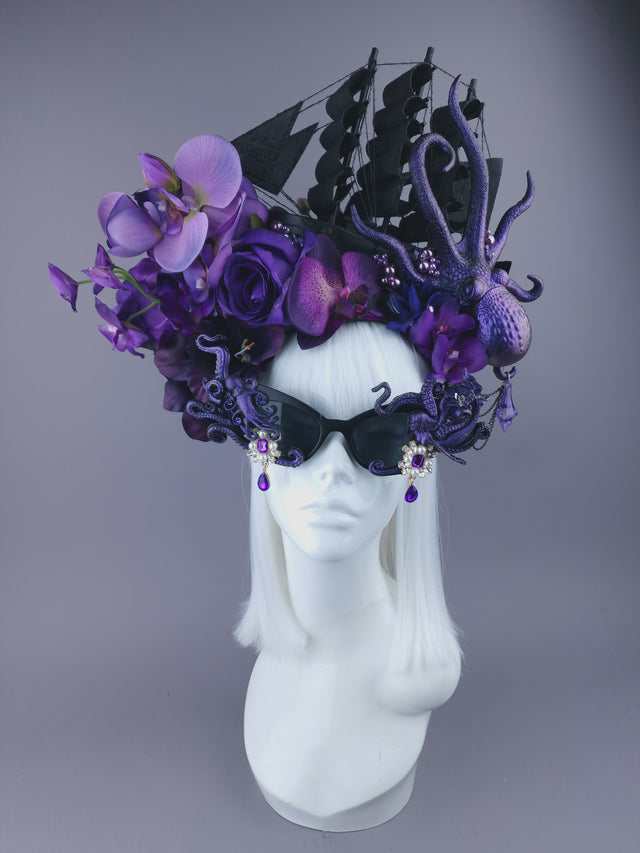 Pearls & Swine: Bespoke Commission Purple & Black Ship Headdress with Sunglasses