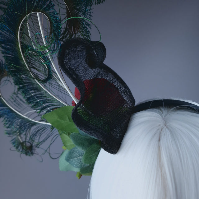 "Sass" Red Rose & Peacock Feather Headdress