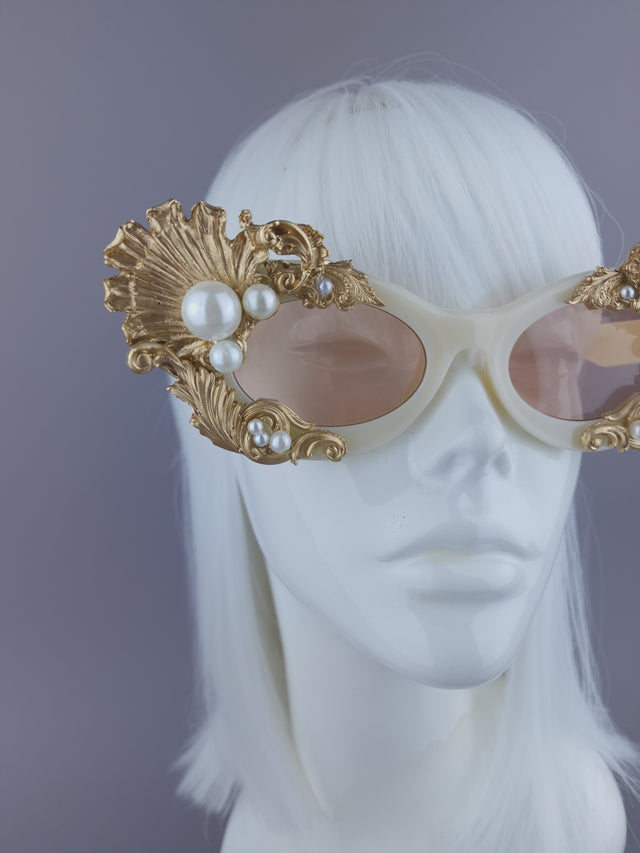 Pearls & Swine: Gold Shell, Filigree & Pearl Sunglasses "Coquillage"