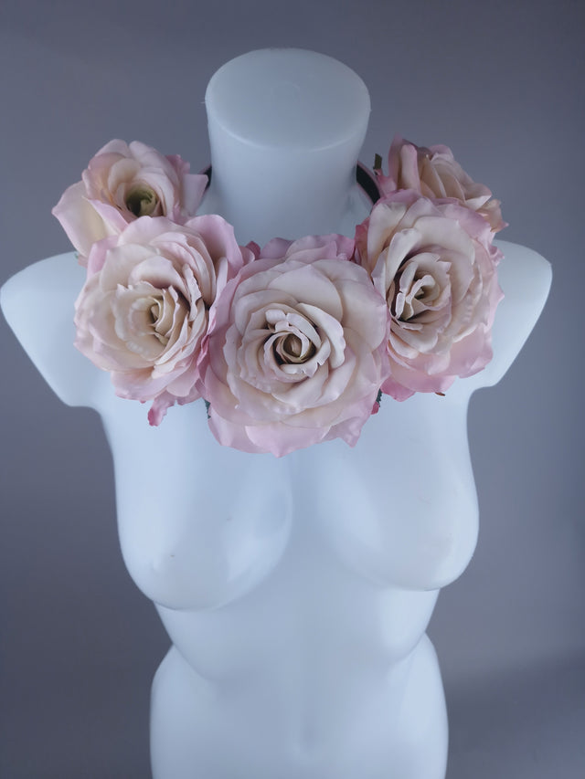 "Dawn" Pale Dusky Pink Rose Headdress & Neckpiece