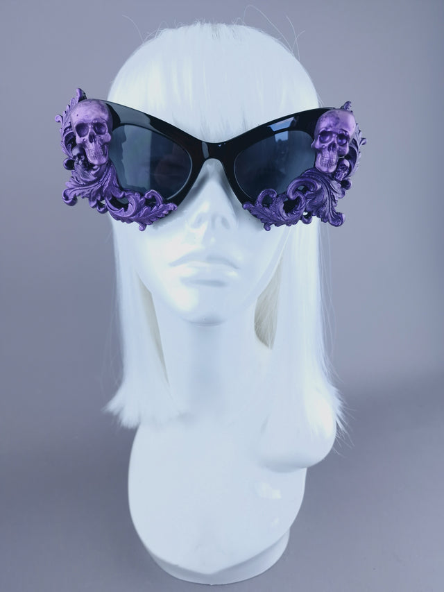 "Goth AF" Purple Black Filigree & Skulls Catseye Sunglasses