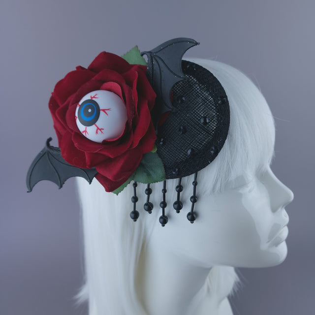 "Demiana" Red Rose, Eyeballs, Bat Wing Mini Fascinator