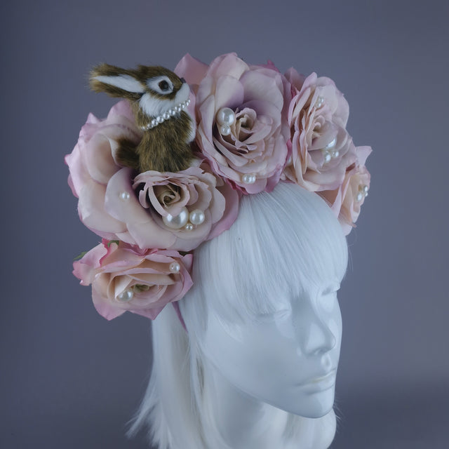 "Hoppit" Bunny Rabbit, Pearls & Pink Roses Headpiece