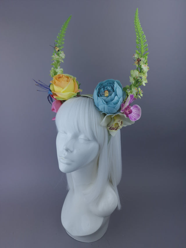 Pearls & Swine: Maximalist Floral Horn Headpiece with Bees "Fae"