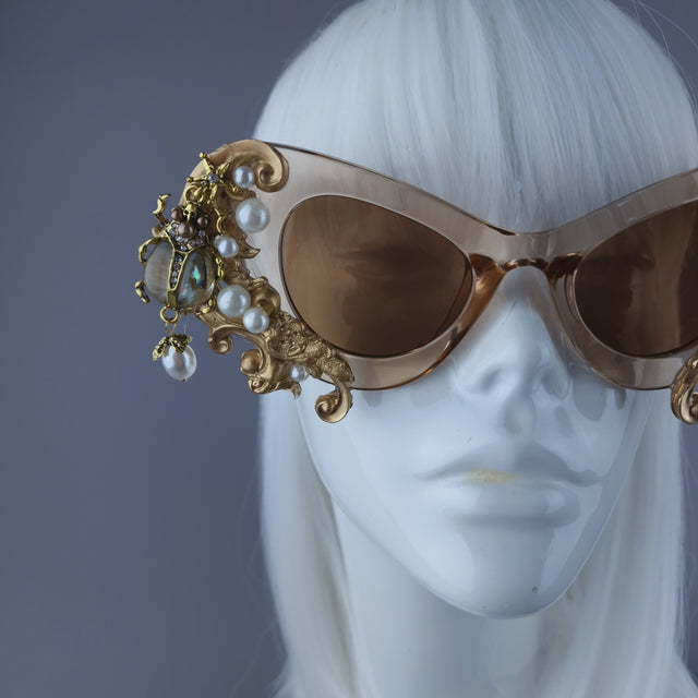 "Elytron" Gold Filigree, Beetle & Pearls Ornate Sunglasses