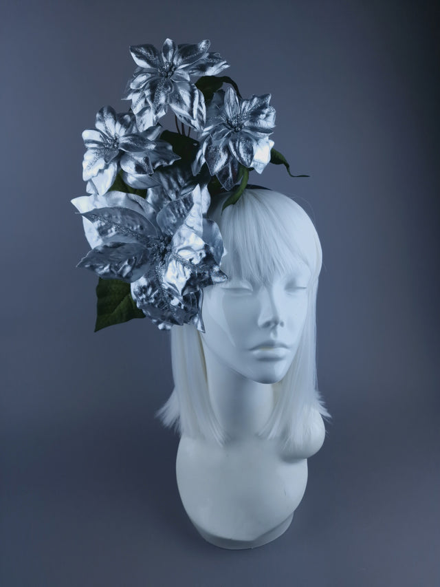 Metallic SIlver Poinsettia Xmas Headdress