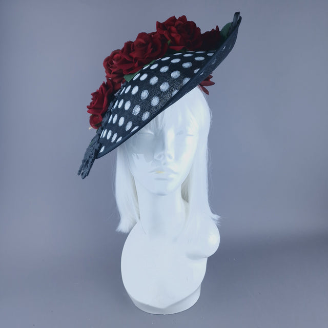 "Alaric" Red Roses, Filigree Black & White Polka Dot Fascinator Hat