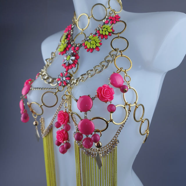 "Hermia" Neon Yellow & Pink Jewel & Chain Harness