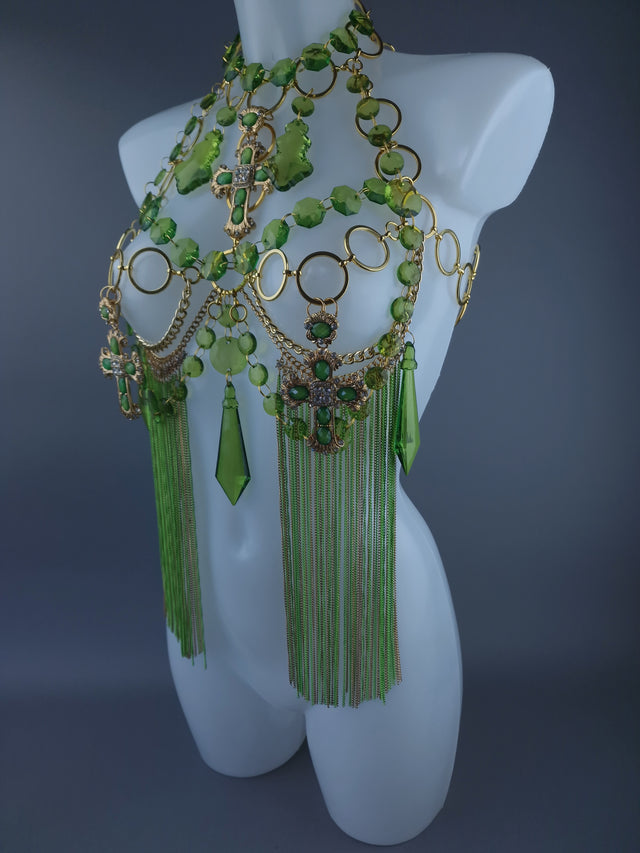 "Limelight" Green & Gold Jewel & Chain Harness