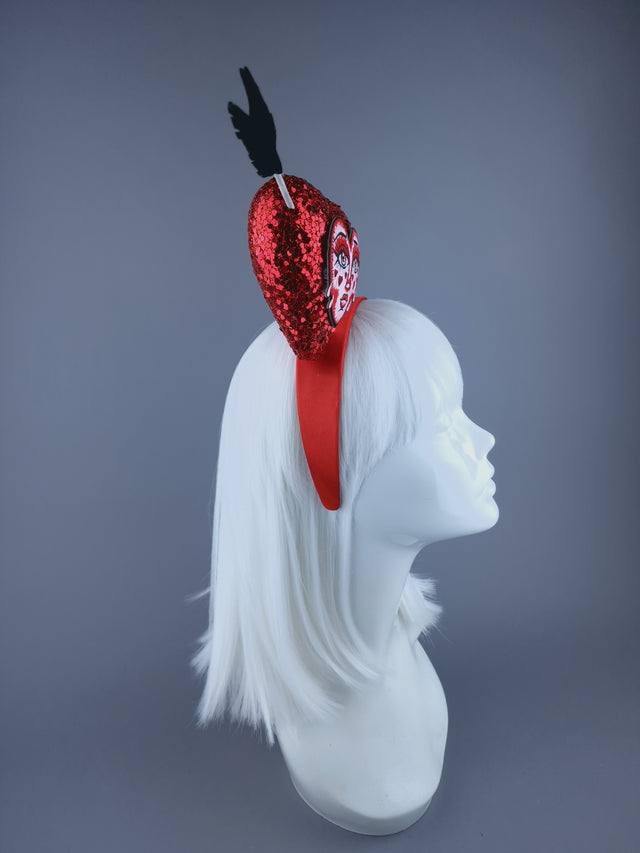 "Crush" Red Glitter Heart with Embroidery Face Headdress