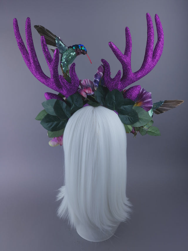 Pearls & Swine: Maximalist Purple/Pink Floral Deet Horn Headdress with Hummingbirds