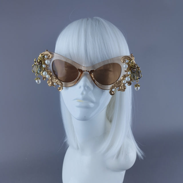 "Elytron" Gold Filigree, Beetle & Pearls Ornate Sunglasses