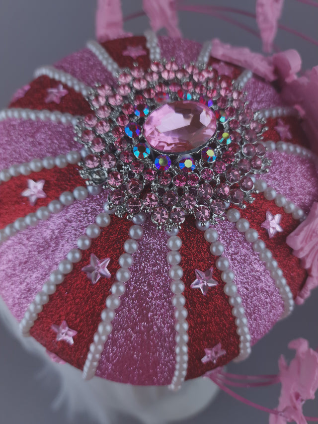 Pearls & Swine: Pink & Red Circus Carousel Wired Veil Hat "Cirque Forever"