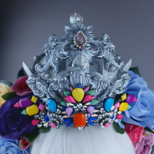 "Marie" Colourful Roses, Jewels & Silver Filigree Crown Headdress