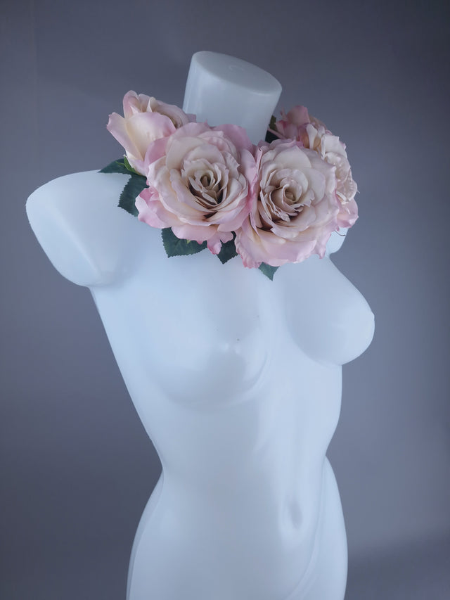 "Dawn" Pale Dusky Pink Rose Headdress & Neckpiece