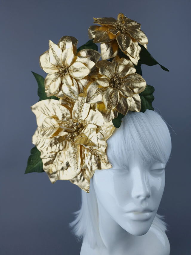 Metallic Gold Poinsettia Xmas Headdress