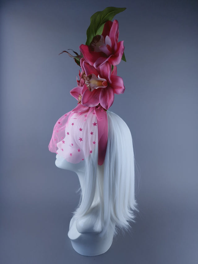 "Anona" Pink Pineapple, Orchid & Star Veil Headdress