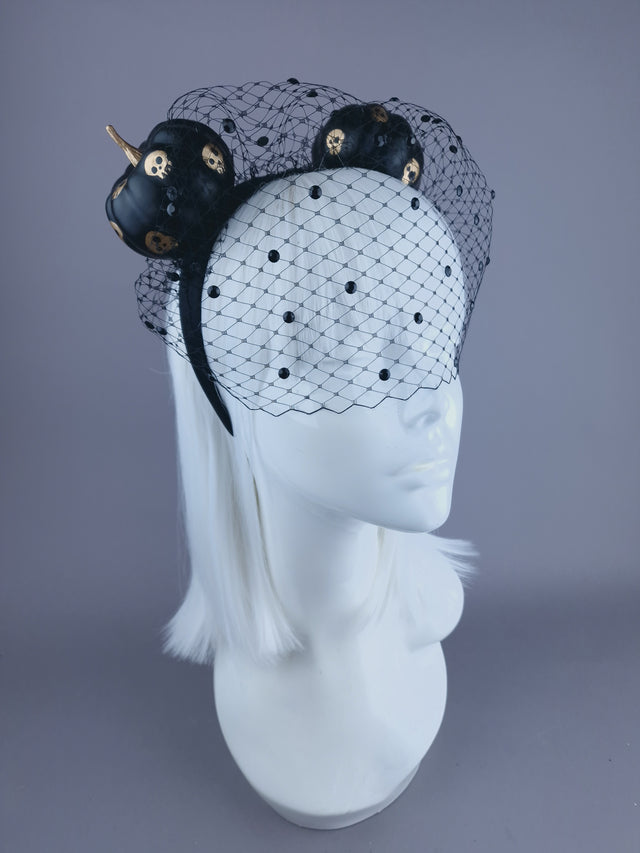 "Boo" Black & Gold Skull Pumpkin Ear Veil Headdress