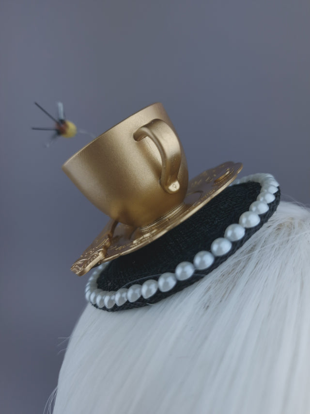 Pearls & Swine Gold Teacup & Bee Mini Fascinator "TeaTime"