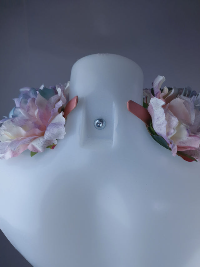 "Bonnie" Pastel Rose & Flower Headdress & Neckpiece