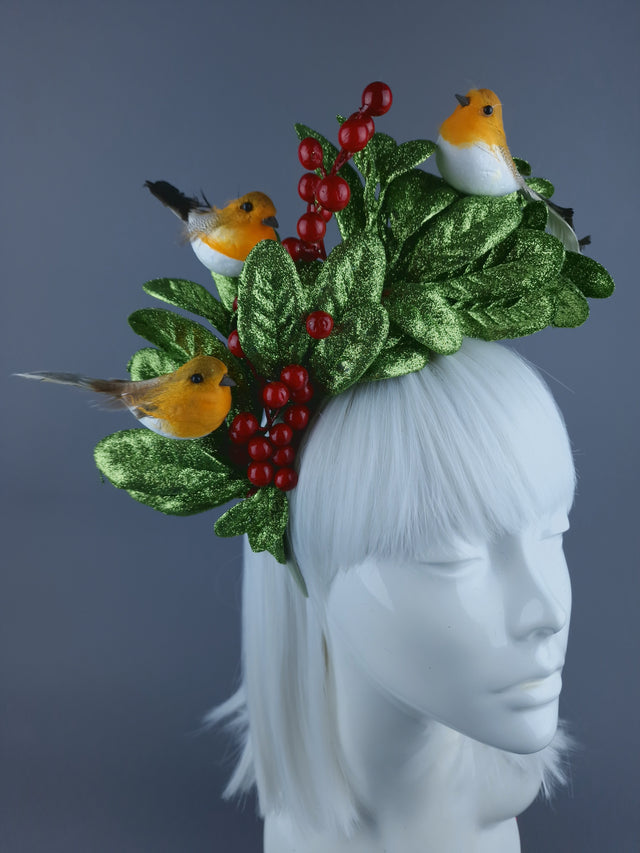 Glittered Holly & Robin Birds Xmas Headdress