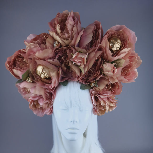 "Aya" Dusky Pink & Gold Peony Headdress with Skulls