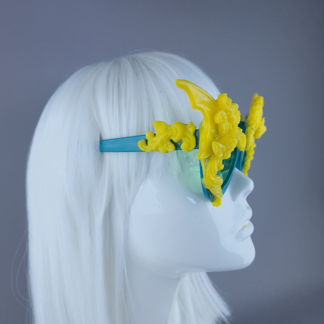 "Bathory" Teal & Yellow Filigree Ornate Bat Wing & Cherub Sunglasses