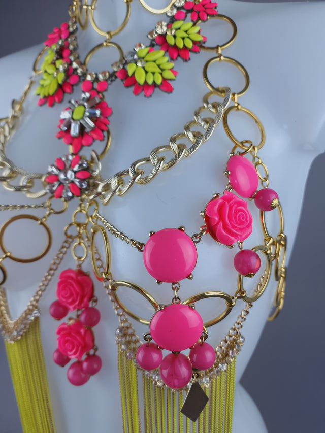 "Hermia" Neon Yellow & Pink Jewel & Chain Harness